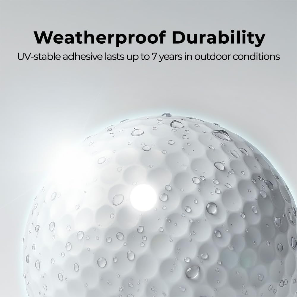 LiteMark Reflective Golf Tracking Dot Weatherproof Durability — UV-stable adhesive lasts up to 7 years in outdoor conditions, shown on a water-droplet-covered golf ball