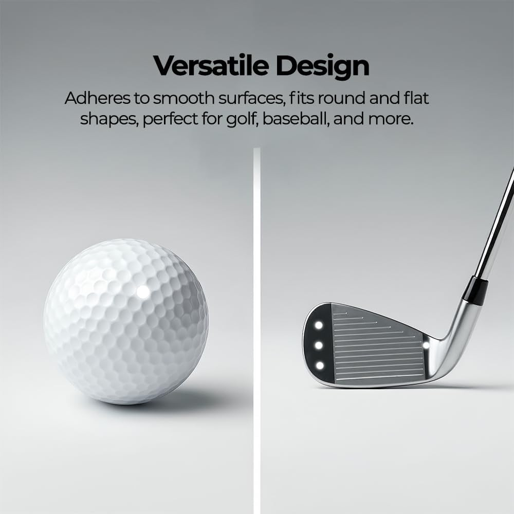 LiteMark Reflective Golf Tracking Dot Versatile Design — adheres to smooth surfaces and fits round and flat shapes, perfect for golf, baseball, and more, shown on a golf ball and iron club face