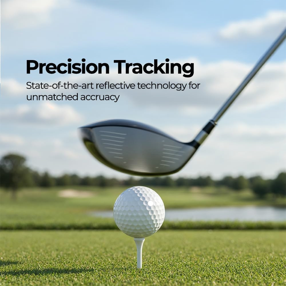 LiteMark Reflective Golf Tracking Dot Precision Tracking feature — state-of-the-art reflective technology for unmatched accuracy, shown with a golf driver and ball on a tee