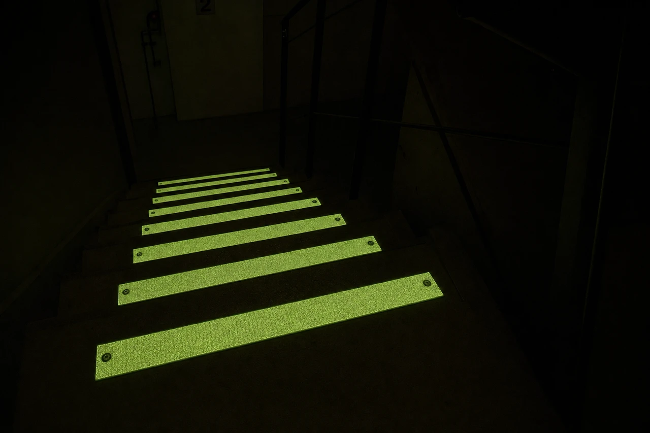 SafetyMark Glow Bolt Down plates in a stairwell during a power outage — photoluminescent afterglow provides emergency egress marking