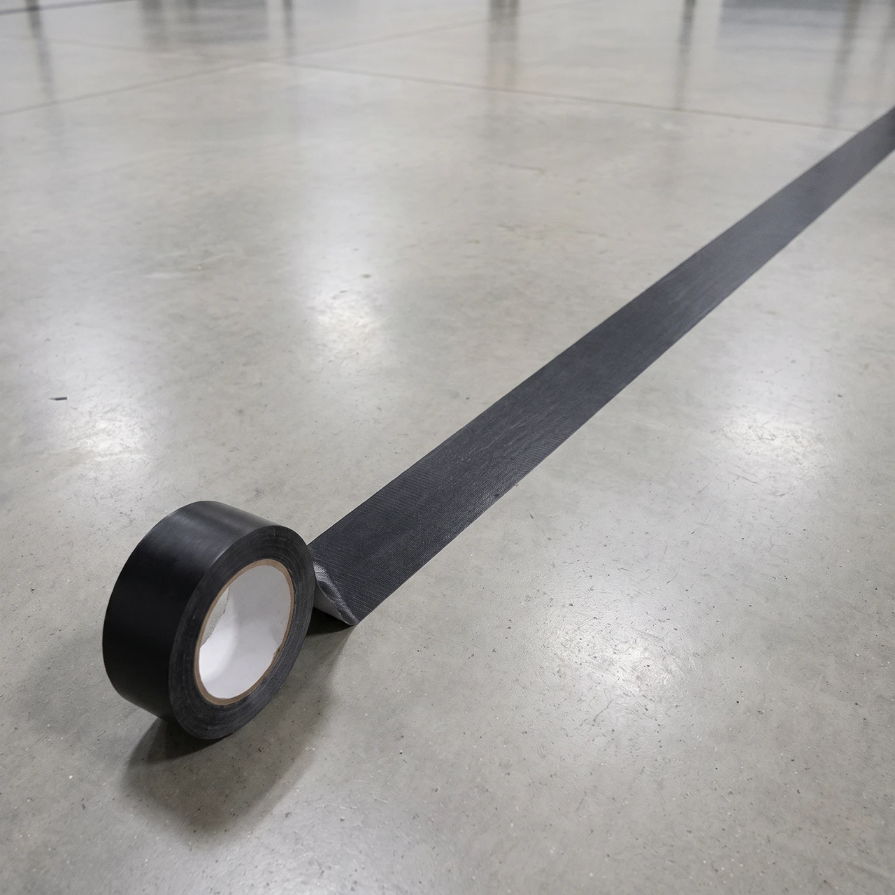 Black economy vinyl floor tape in use — 5S warehouse aisle marking on sealed concrete