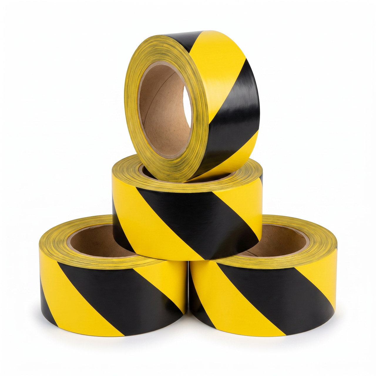 Yellow/Black hazard stripe economy vinyl floor tape 4-pack — four 2 inch by 108 ft rolls, diagonal OSHA caution stripes
