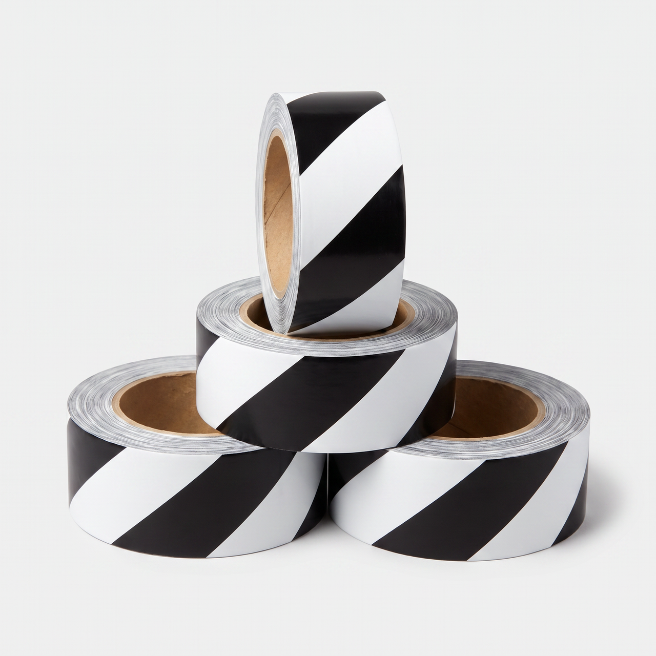 Black/White hazard stripe economy vinyl floor tape 4-pack — four 2 inch by 108 ft rolls, diagonal contrast stripes