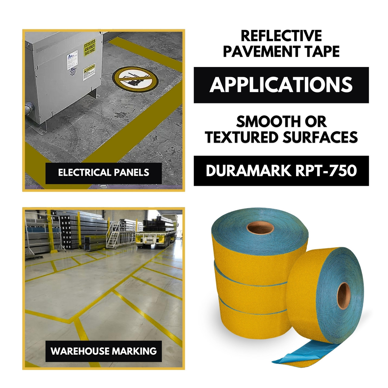 RPT-750 pavement marking tape available in yellow, white, and other colors for line marking.