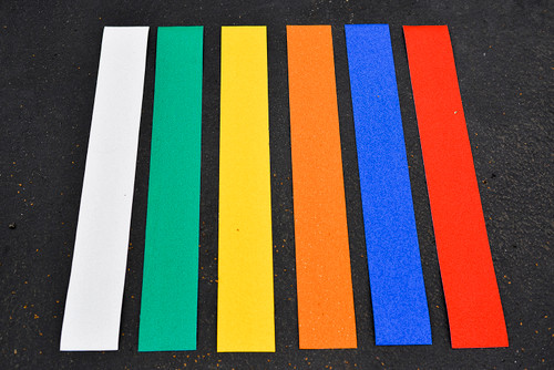 4" RPT Pavement Tape Strips White green yellow orange blue red with asphalt background.