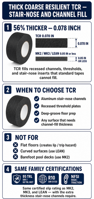Thick Coarse Resilient TCR is 0.078 in — 56% thicker than MK2, MK3, and LEAN. Fills aluminum stair-nose channels, threshold plates, and deep-groove floor prep. Same 95 TRL dry / 60 TRL wet, R10, NFSI High-Traction certification as the CR family.