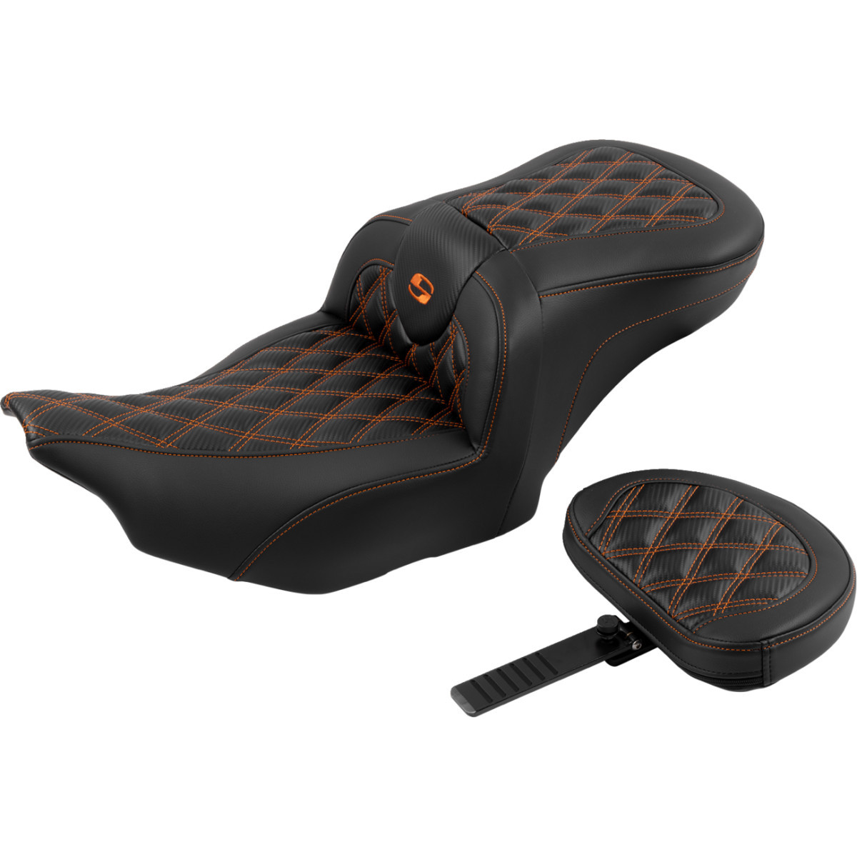 Saddlemen #823-07-206B3 - RoadSofa™ Seat - with Backrest - Carbon Fiber - Lattice Stitch - Orange Stitch - FLTR/FLHX '23-'24