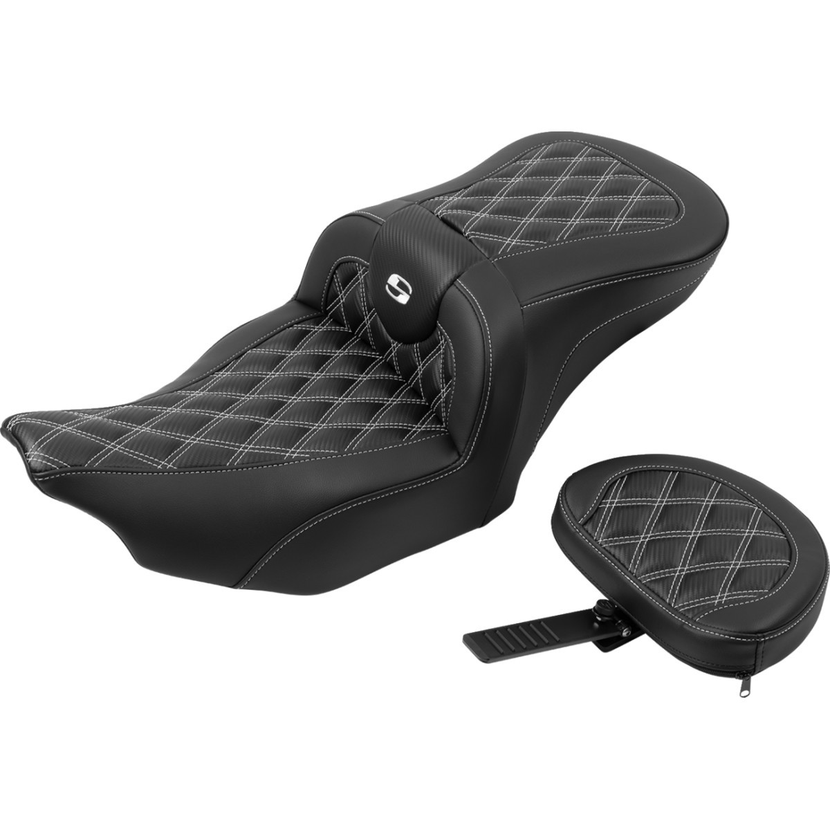 Saddlemen #823-07-206B6 - RoadSofa™ Seat - with Backrest - Carbon Fiber - Lattice Stitch - White Stitch - FLTR/FLHX '23-'24