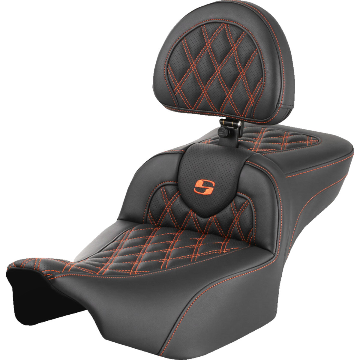 Saddlemen #823-07-184B3 - Roadsofa™ Extended Reach Seat - with Backrest - Lattice Stitch - Orange Stitch - FLTR/FLHX '23-'24