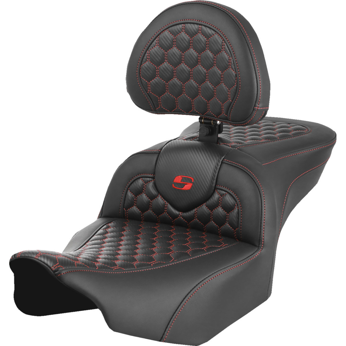 Saddlemen #823-07-189B4 - Roadsofa™ Seat - with Backrest - Honeycomb - Red Stitch - FLTR/FLHX '23-'24