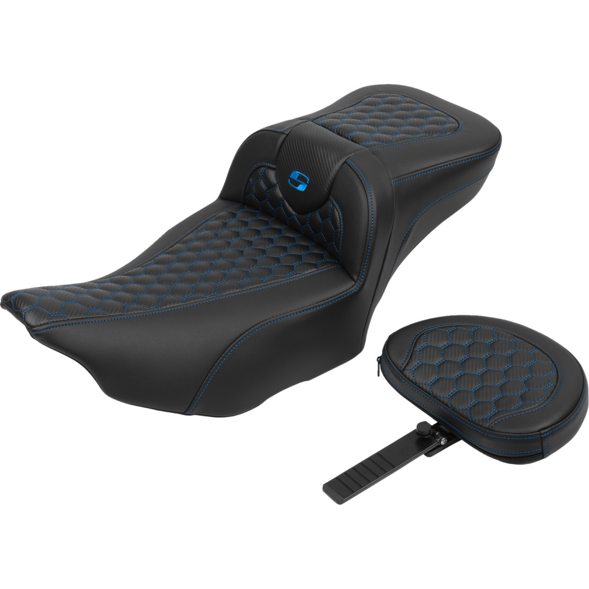 Saddlemen #823-07-190B1 - Roadsofa™ Extended Reach Seat - with Backrest - Honeycomb - Blue Stitch - FLTR/FLHX '23-'24