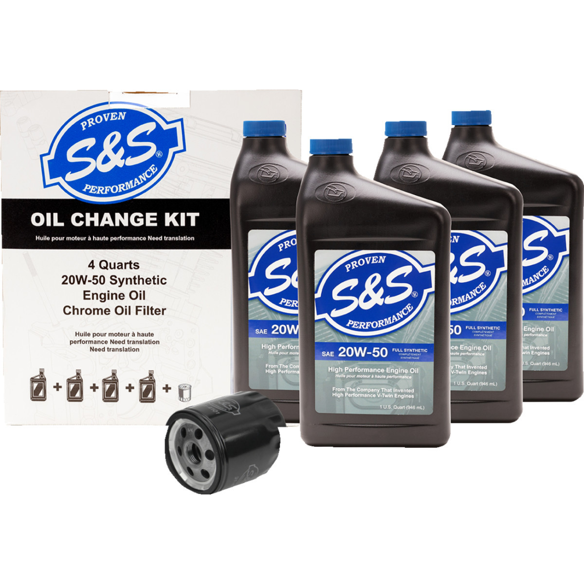 S&S Cycle #218941 - Oil Change Kit - Black Filter - '84-'99 Big Twin/'86-'22 Sportster - 4 US quarts