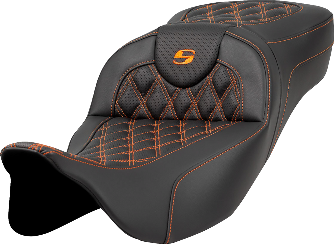 Saddlemen Extended Reach Roadsofa Seat - Lattice Stitch - Orange Stitch - without Backrest - FL '08-'24