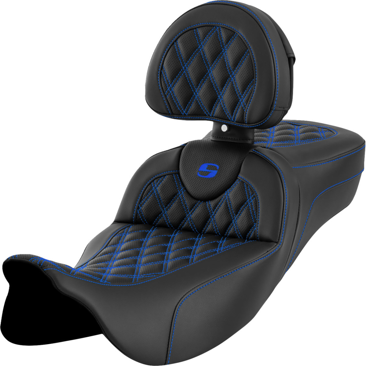 Saddlemen #808-07B-184B1 - Roadsofa™ Extended Reach Seat - Lattice Stitch - Blue Stitch - with Backrest - FL '08-'24