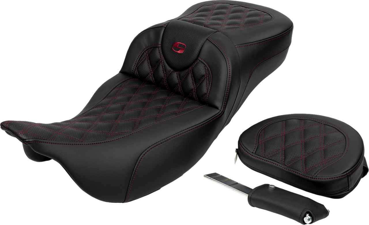 Saddlemen Roadsofa Extended Reach Seat - Lattice Stitch - Wine Berry Stitch - with Backrest - FL '08-'24