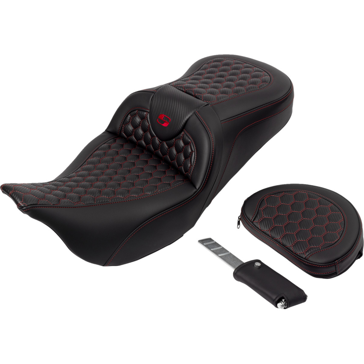 Saddlemen #808-07B-189B4 - RoadSofa™ Seat - Honeycomb - Red Stitch - with Backrest - FLH/FLT '08-'23