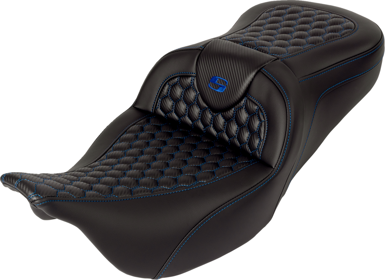 Saddlemen RoadSofa Seat - Honeycomb - Blue Stitch - with Backrest - FLH/FLT '08-'23