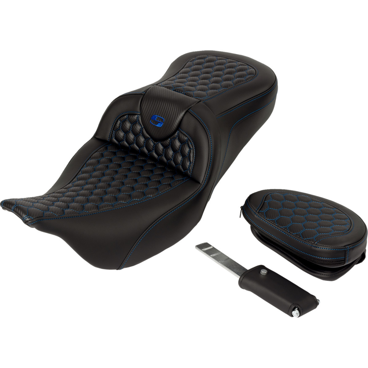 Saddlemen #808-07B-189B1 - RoadSofa™ Seat - Honeycomb - Blue Stitch - with Backrest - FLH/FLT '08-'23