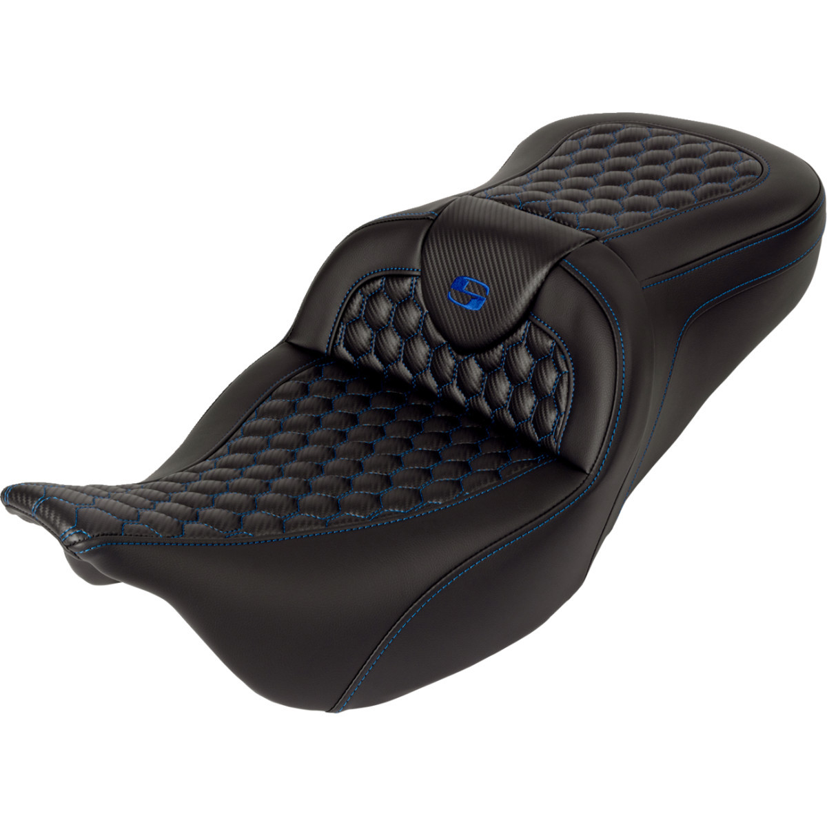 Saddlemen #808-07B-189B1 - RoadSofa™ Seat - Honeycomb - Blue Stitch - with Backrest - FLH/FLT '08-'23