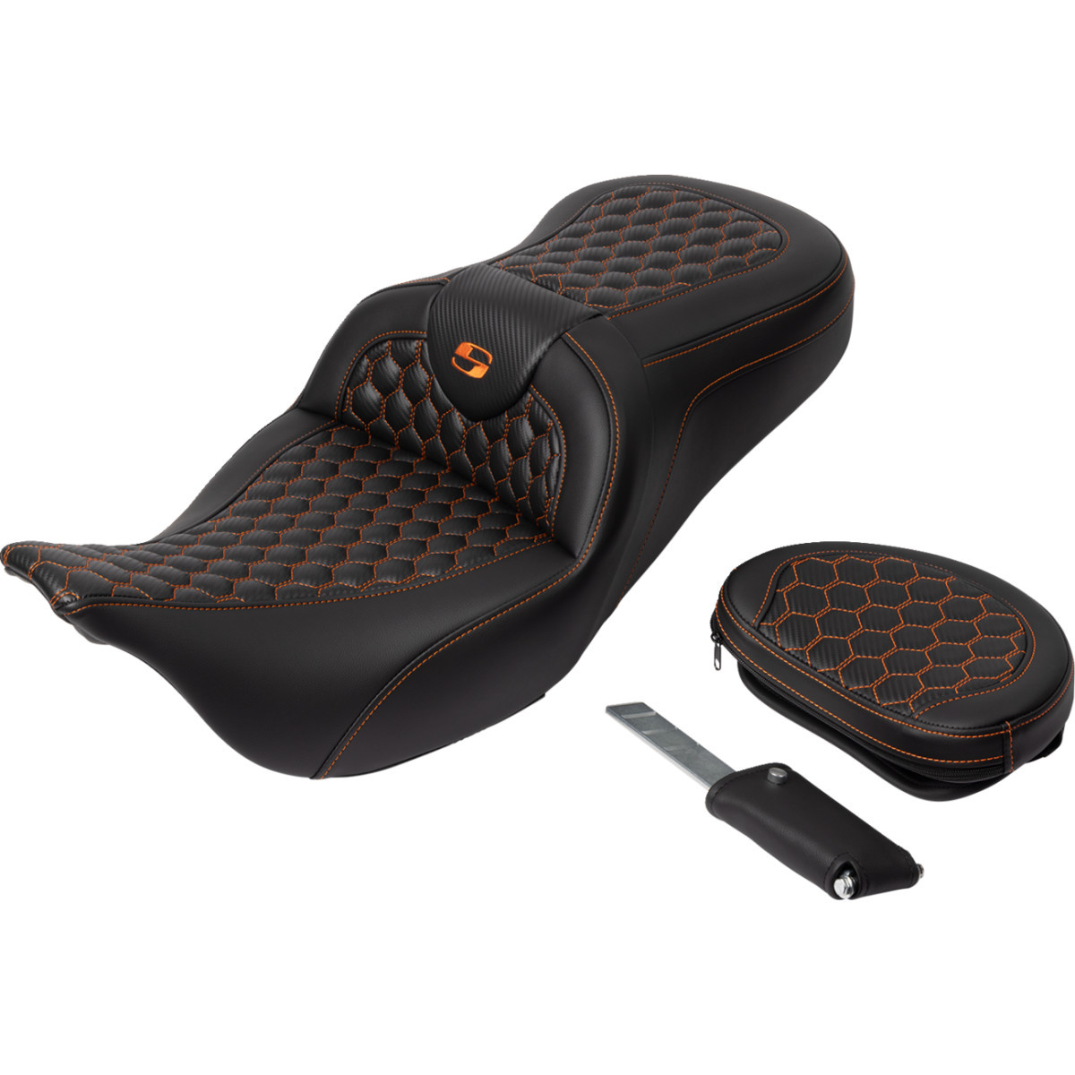 Saddlemen #808-07B-189B3 - RoadSofa™ Seat - Honeycomb - Orange Stitch - with Backrest - FLH/FLT '08-'23