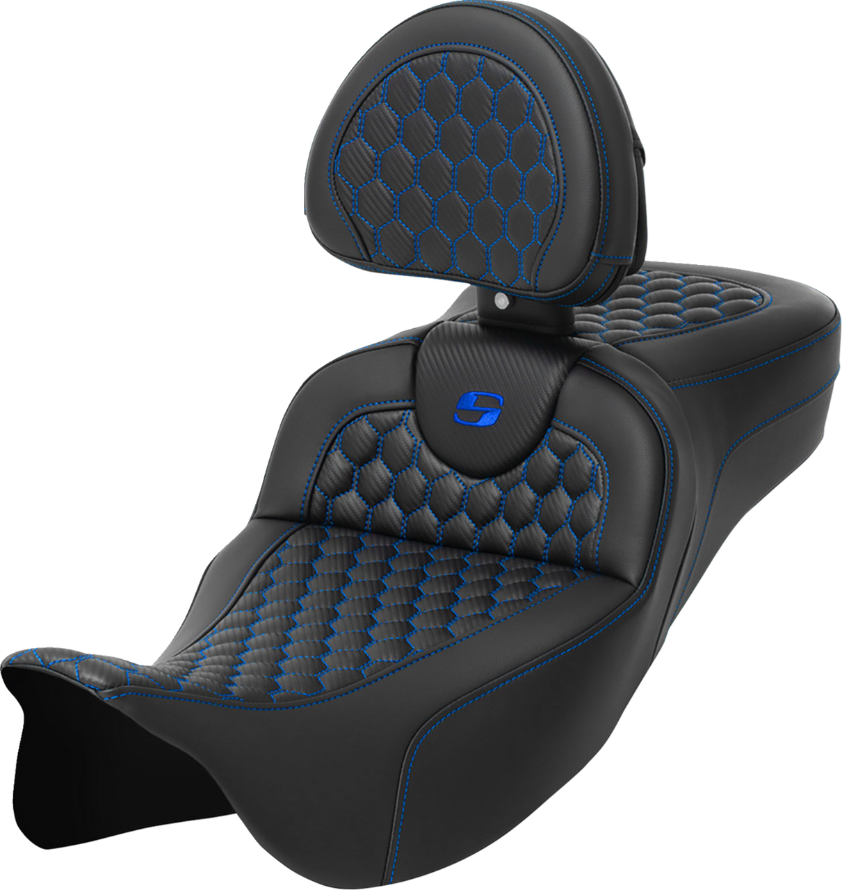 Saddlemen RoadSofa Seat - Honeycomb - Blue Stitch - with Backrest - Extended Reach - FLH/FLT '08-'24