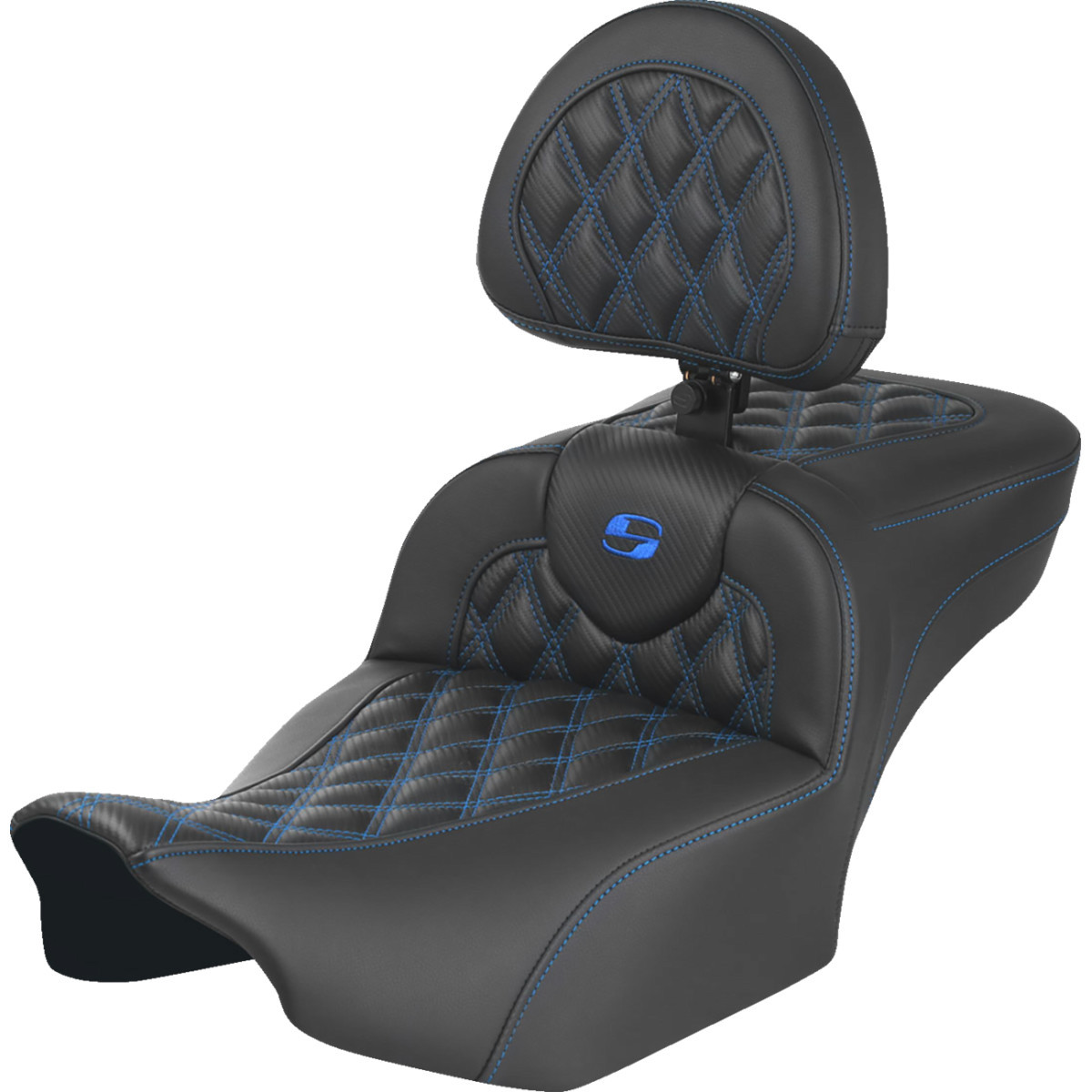 Saddlemen #823-07-207B1 - Roadsofa™ Extended Reach Seat - with Backrest - Lattice Stitch - Blue Stitch - FLTR/FLHX '23-'24