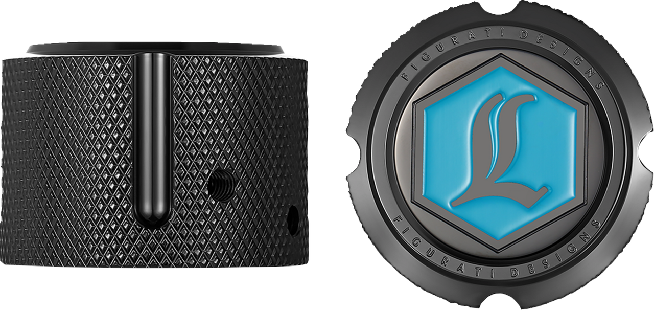 Figurati Designs Axle Nut Cover - Front - Stainless Steel - Legends Suspension Logo - Black (#FD02-FAC-BLK)