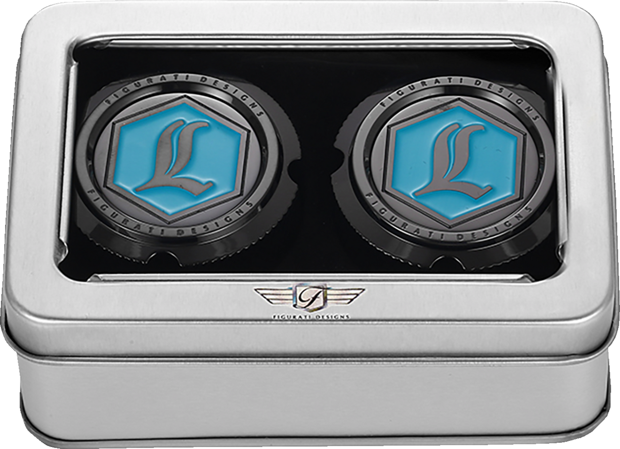 Figurati Designs Axle Nut Cover - Front - Stainless Steel - Legends Suspension Logo - Black (#FD02-FAC-BLK)