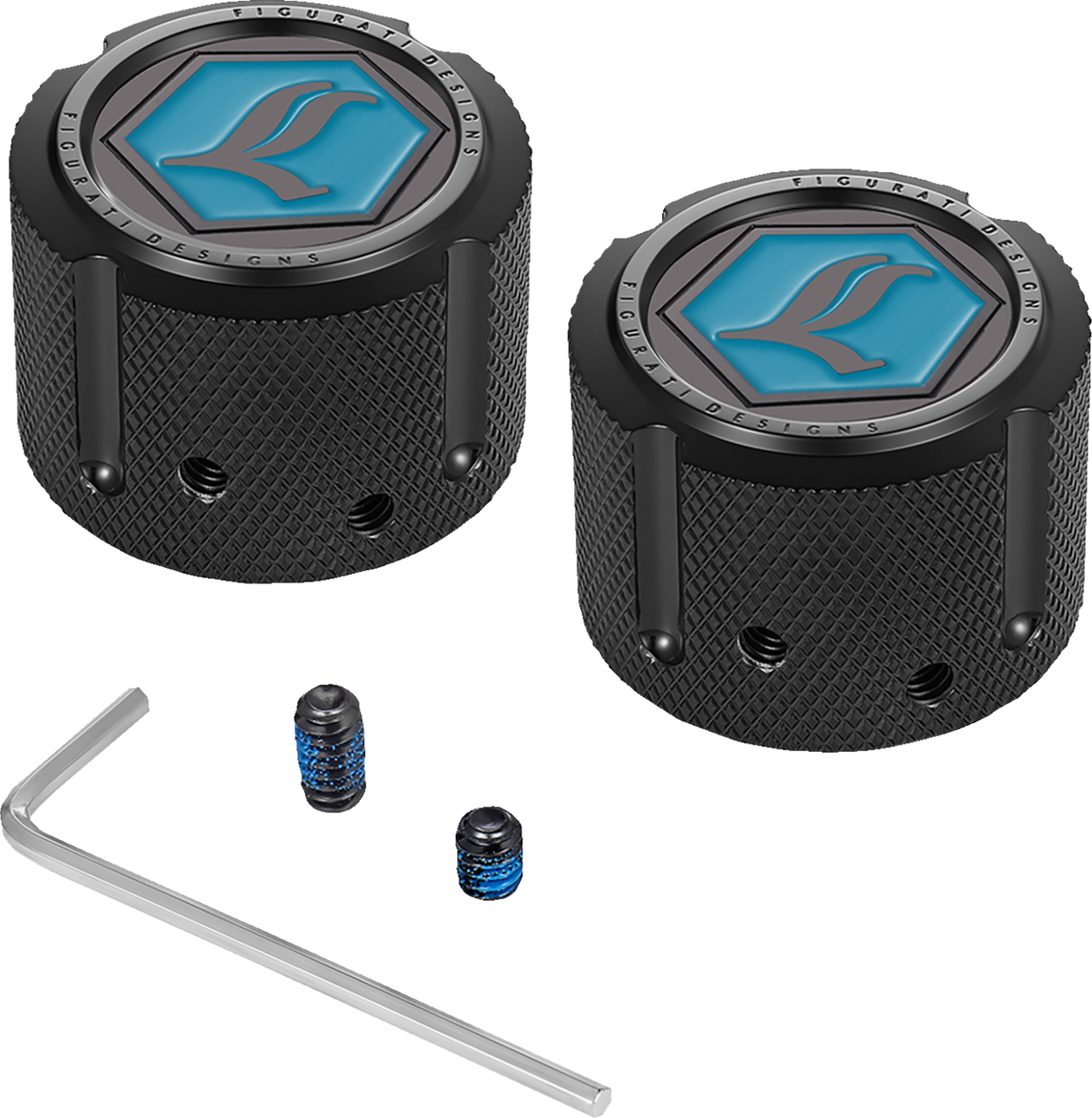 Figurati Designs Axle Nut Cover - Front - Stainless Steel - Legends Suspension Logo - Black (#FD02-FAC-BLK)