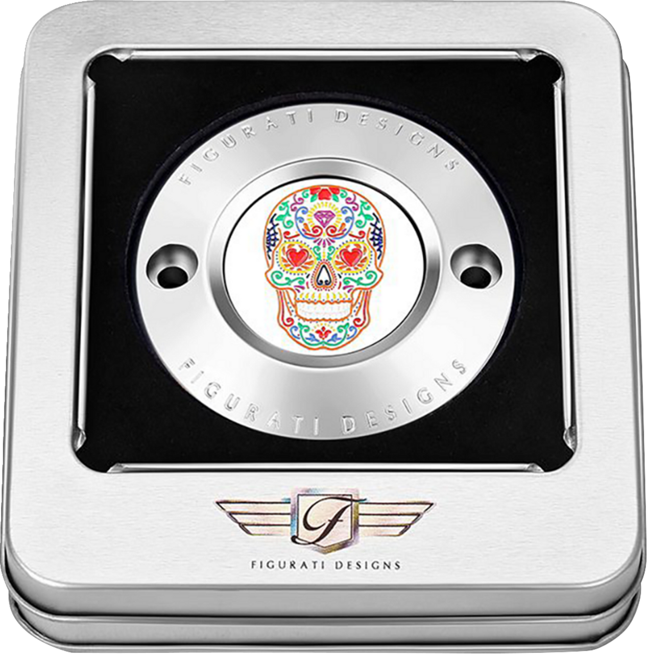 Figurati Designs Timing Cover - 2 Hole - Sugar Skull - Mirror Polished - Stainless Steel (#FD30-TC-2H-SS)