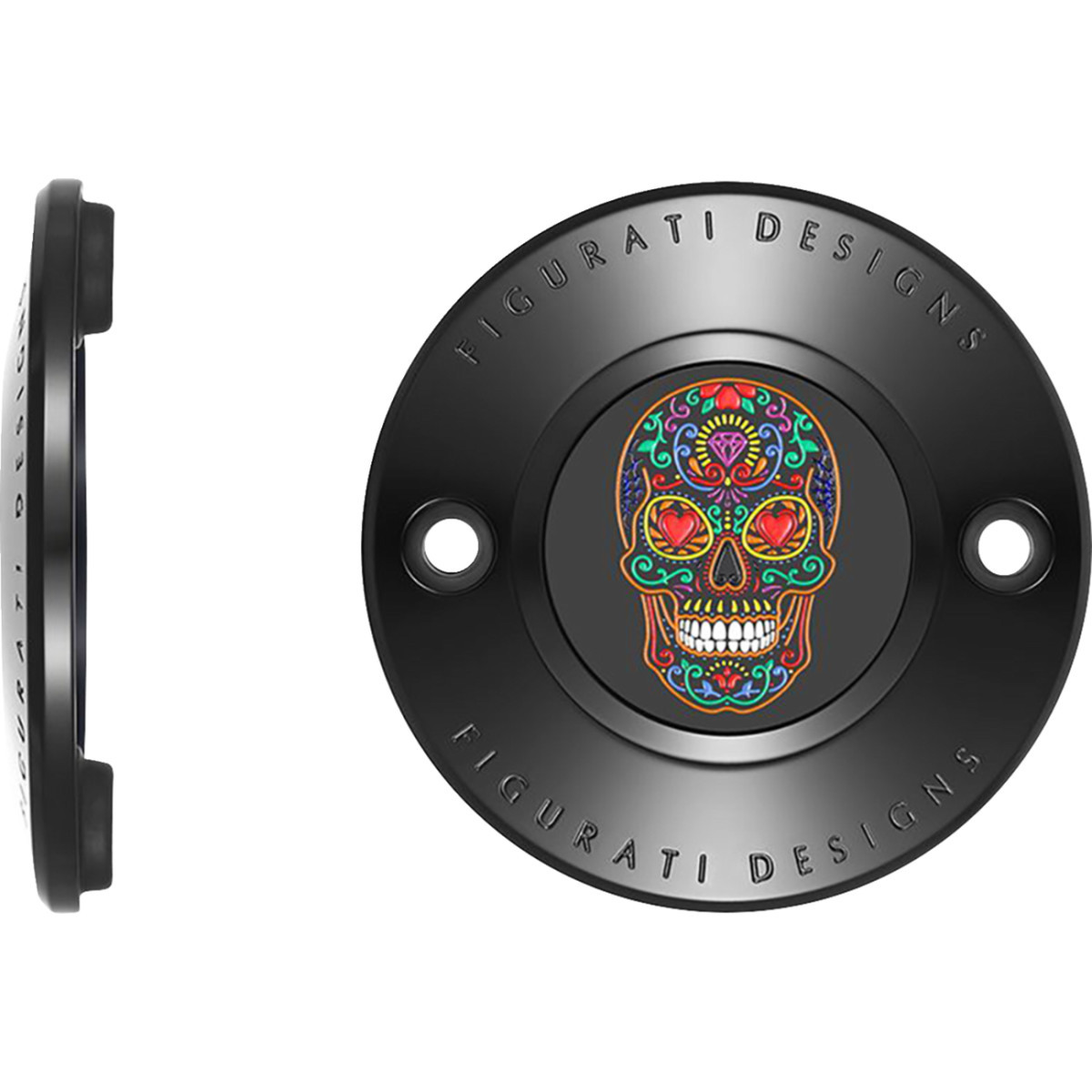 Figurati Designs #FD30-TC-2H-BLK - Timing Cover - 2 Hole - Sugar Skull - Black