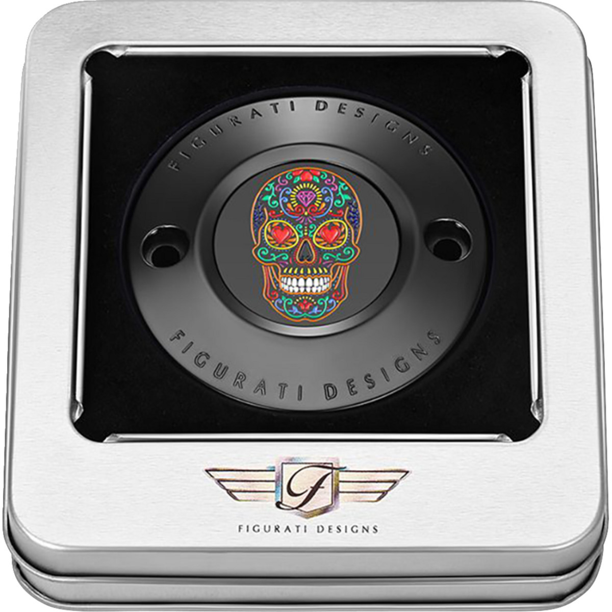 Figurati Designs #FD30-TC-2H-BLK - Timing Cover - 2 Hole - Sugar Skull - Black