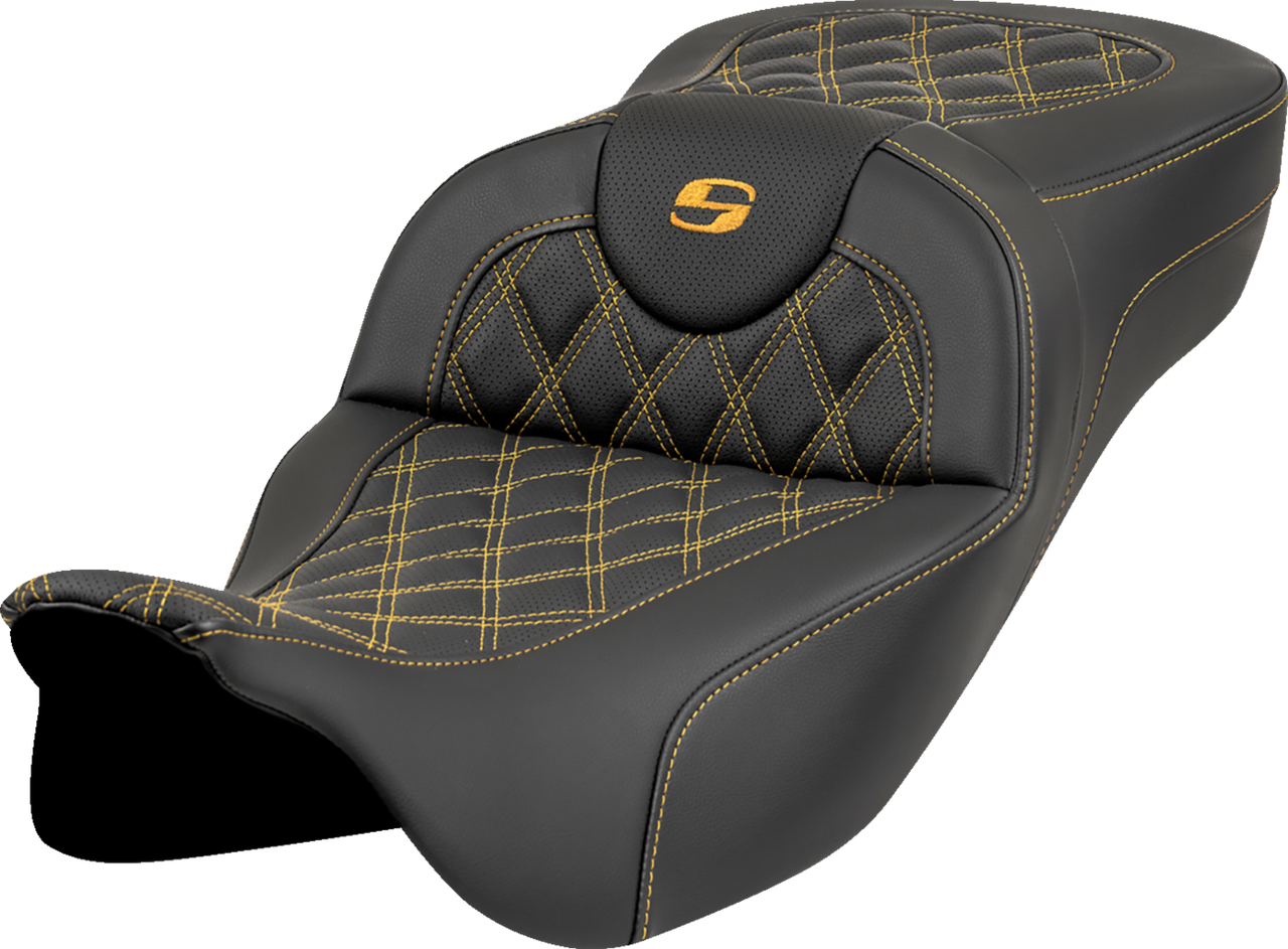 Saddlemen Roadsofa Extended Reach Seat - Lattice Stitch - Gold Stitch - without Backrest - FL '08-'23