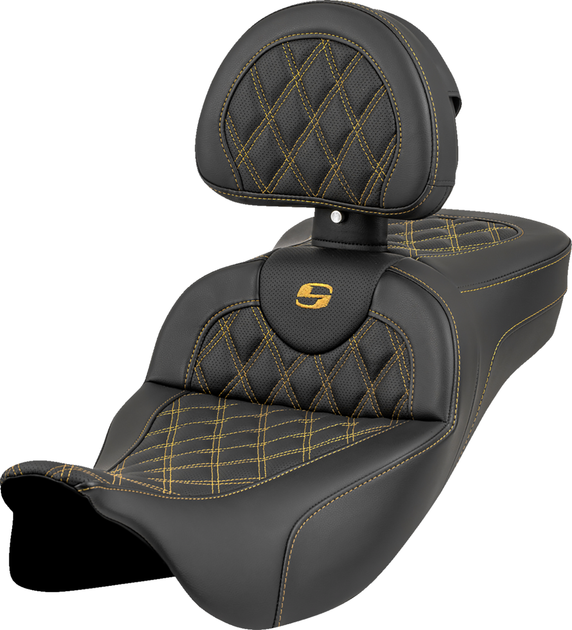 Saddlemen Roadsofa Extended Reach Seat - Lattice Stitch - Gold Stitch - with Backrest - FL '08-'23