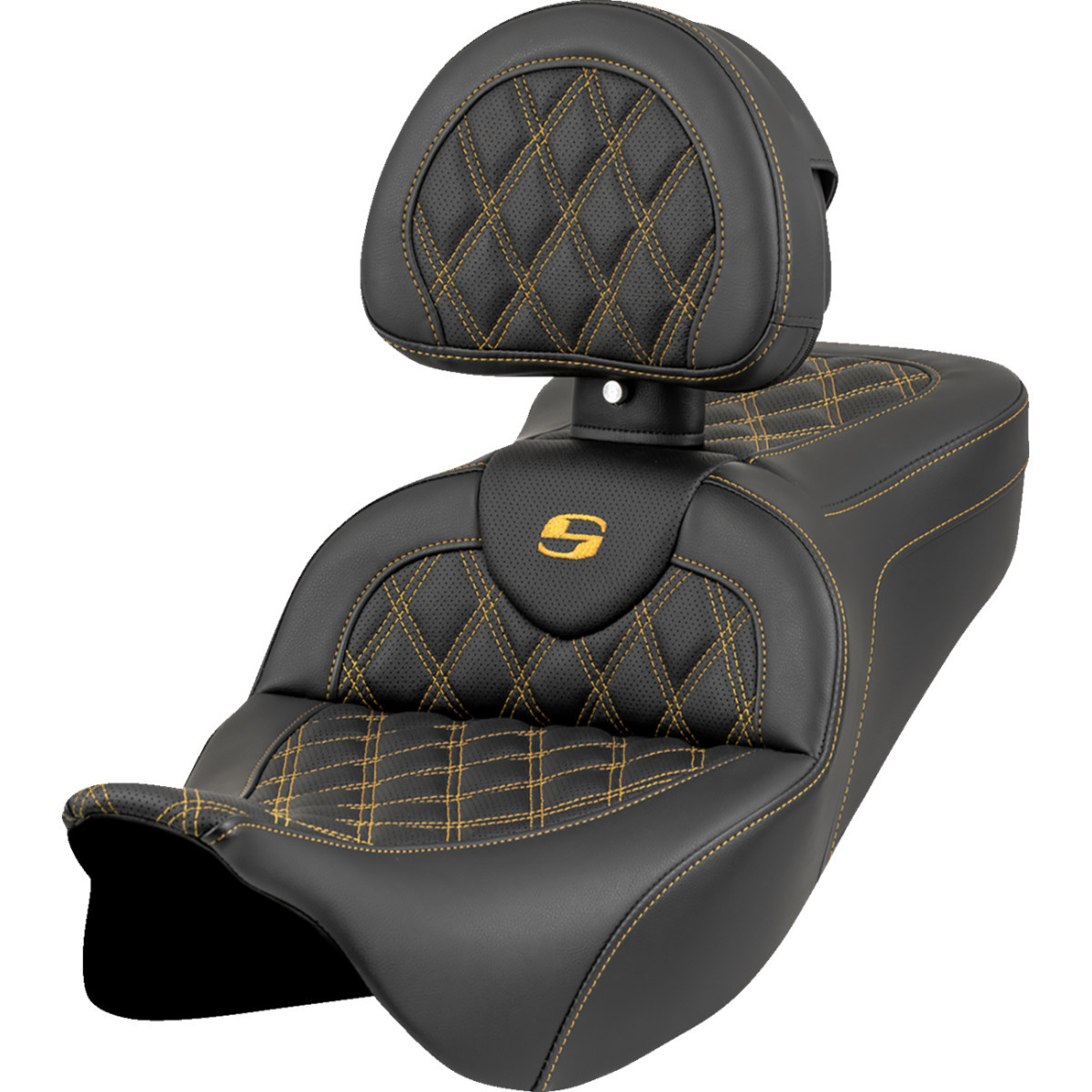 Saddlemen #808-07B-182B7 - Roadsofa™ Seat - Lattice Stitch - Gold Stitch - w/ Backrest - FL '08-'23