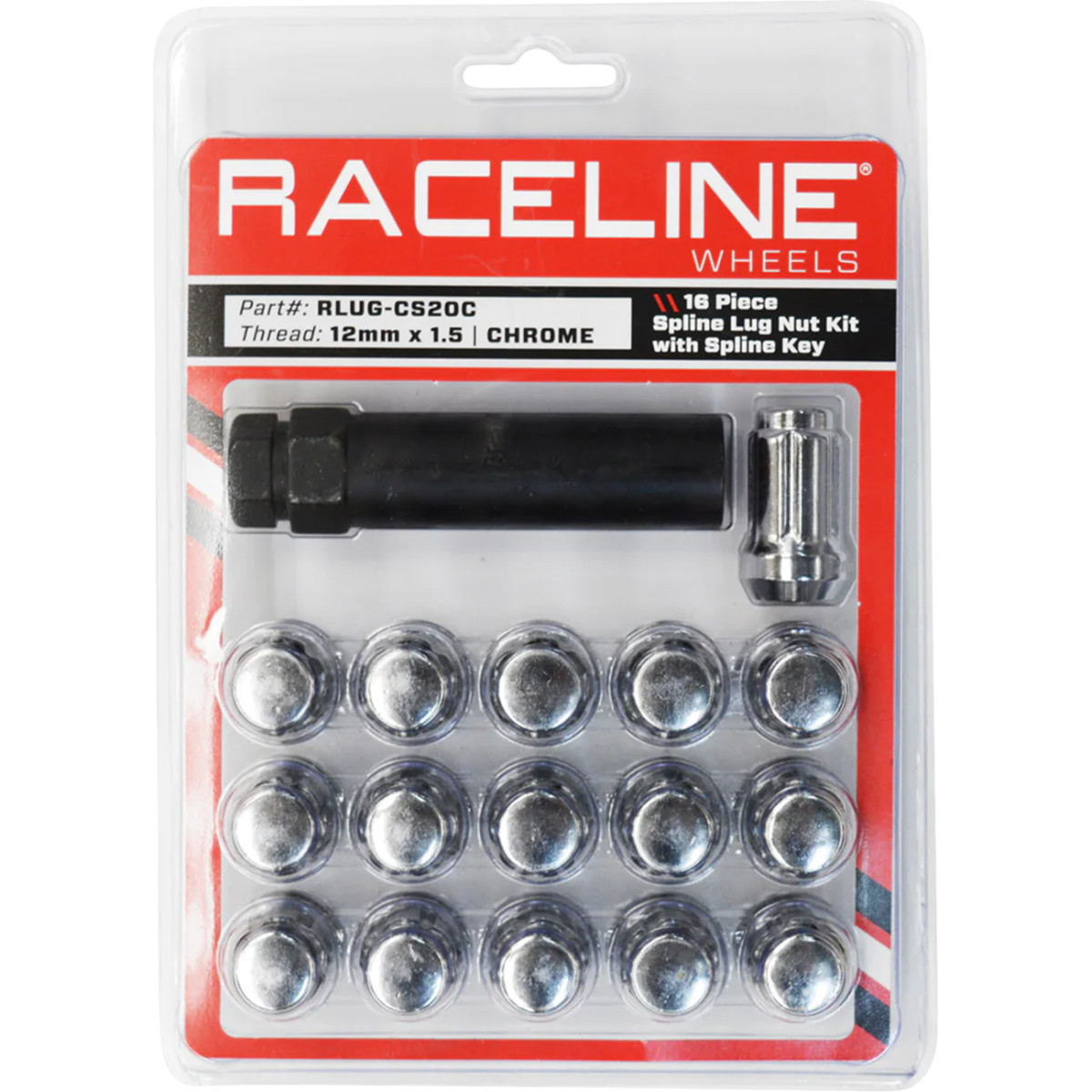 Raceline Wheels #RLUG-CS20C - Lug Nuts - Spline Socket - 12 mm x 1.5" - with Spline Key - Chrome - 16 Pack