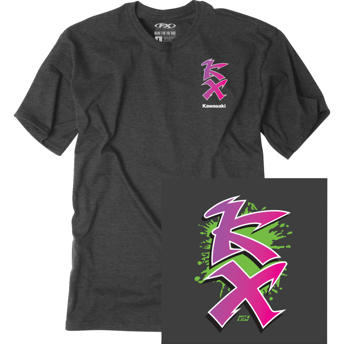 Factory Effex #28-87112 - Kawasaki Retro KX T-Shirt - Heather Charcoal - Medium