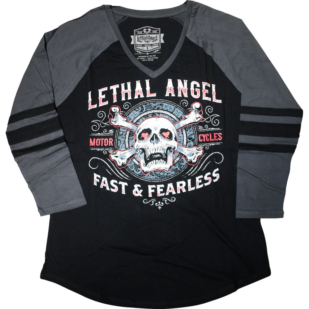 Lethal Threat #LA70203-2X - Women's Fast & Fearless Raglan Sleeve Shirt - Black/Gray - 2XL