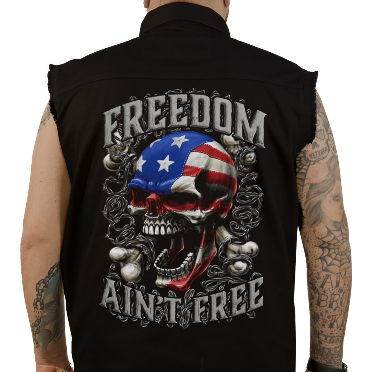 Lethal Threat #CO60195XL - Freedom Ain't Free Printed Sleeveless Button Down Shirt - Black - XL