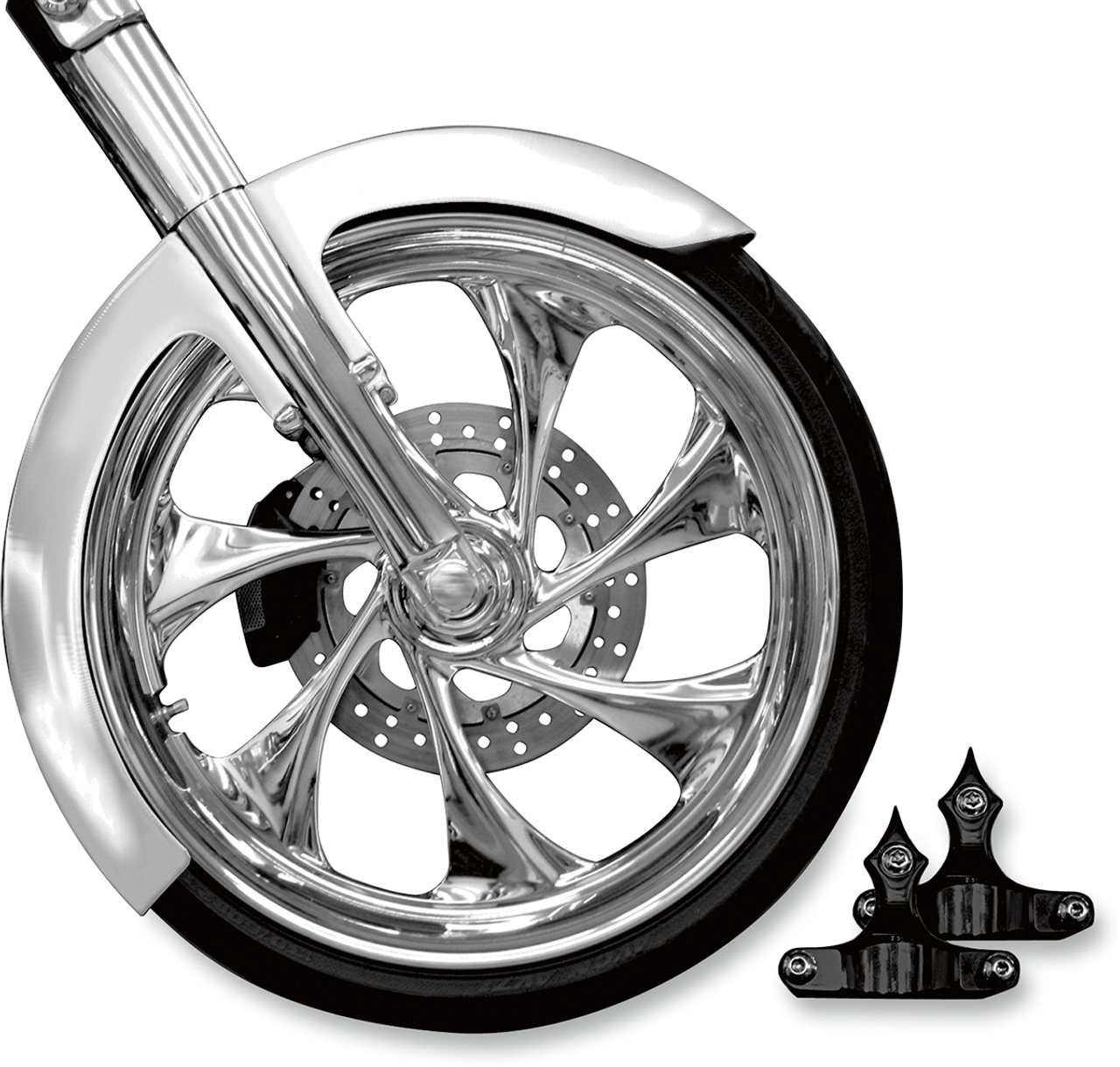 Front Fender Kit with Chrome Adapters - For 26" Wheel - 6" W Front Fender Kit with Chrome Adapters - For 26" Wheel - 6" W