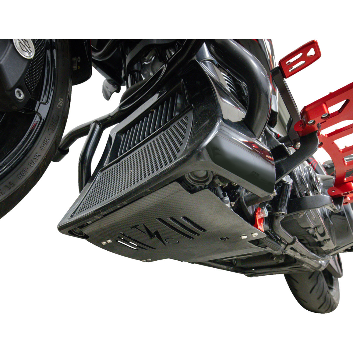 Thrashin Supply CO. #TSC-3034-2 - Skid Plate - Carbon Fiber/Gloss - With Red Brackets - FLHX/FLTRX