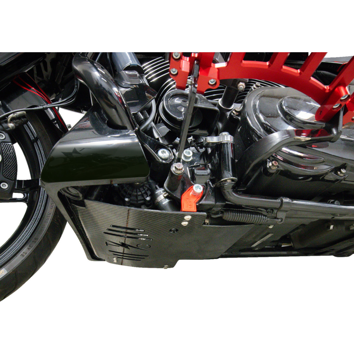 Thrashin Supply CO. #TSC-3034-2 - Skid Plate - Carbon Fiber/Gloss - With Red Brackets - FLHX/FLTRX