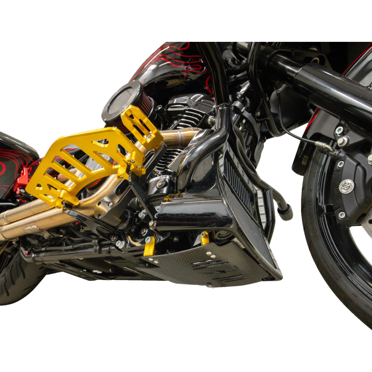 Thrashin Supply CO. #TSC-3034-5 - Skid Plate - Carbon Fiber/Gloss - With Gold Brackets - FLHX/FLTRX