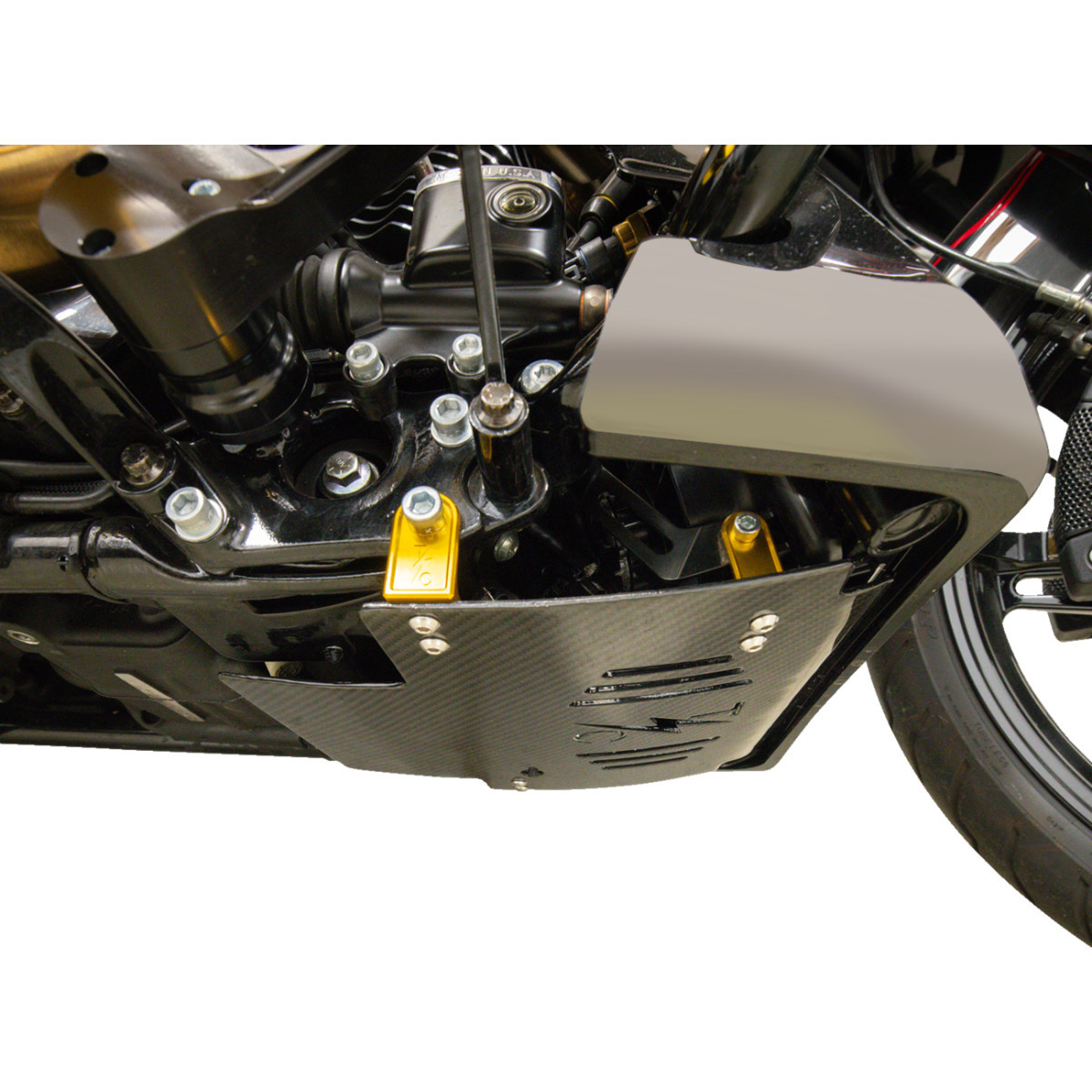 Thrashin Supply CO. #TSC-3034-5 - Skid Plate - Carbon Fiber/Gloss - With Gold Brackets - FLHX/FLTRX