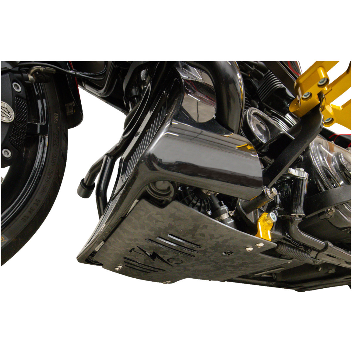 Thrashin Supply CO. #TSC-3035-5 - Skid Plate - Carbon Fiber/Forged - With Gold Brackets - FLHX/FLTRX