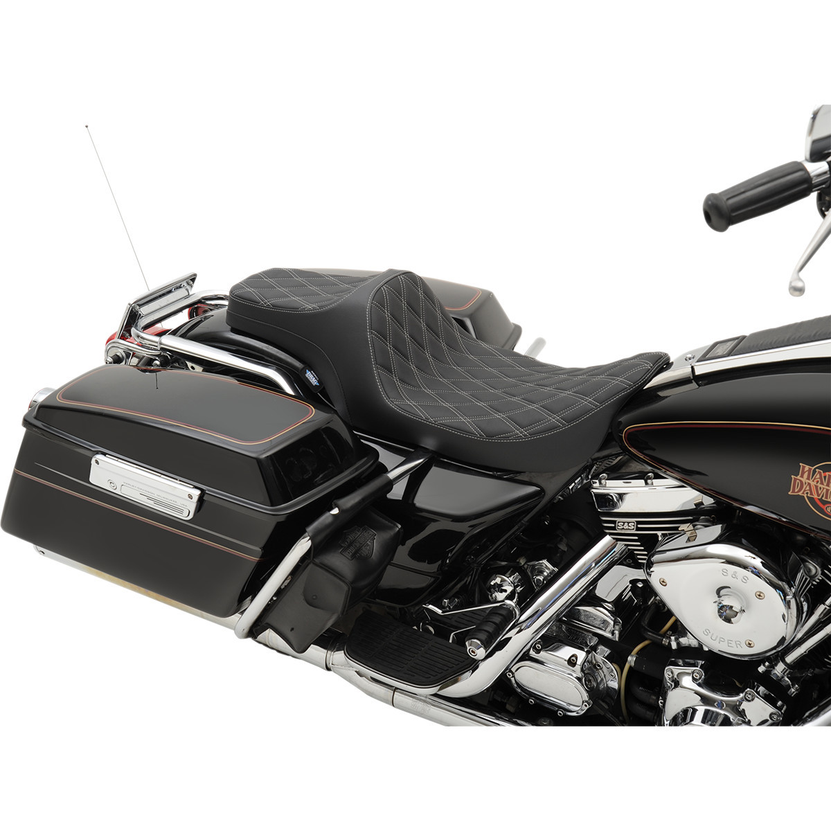 Drag Specialties Seats - Predator III Seat - Double Diamond - Silver Stitched - FLHR/FLHX '99-'07