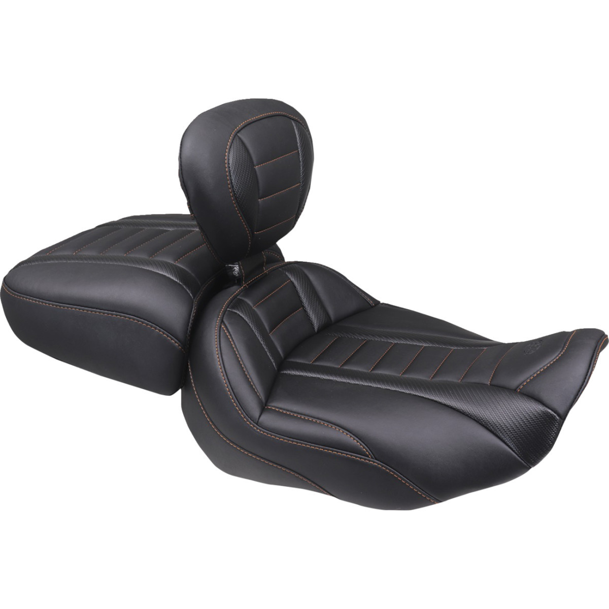 Mustang #89401MO - Deluxe Touring Solo Seat - w/ Backrest - Mandarin Orange Stitch - FLT/FLH '23-'25