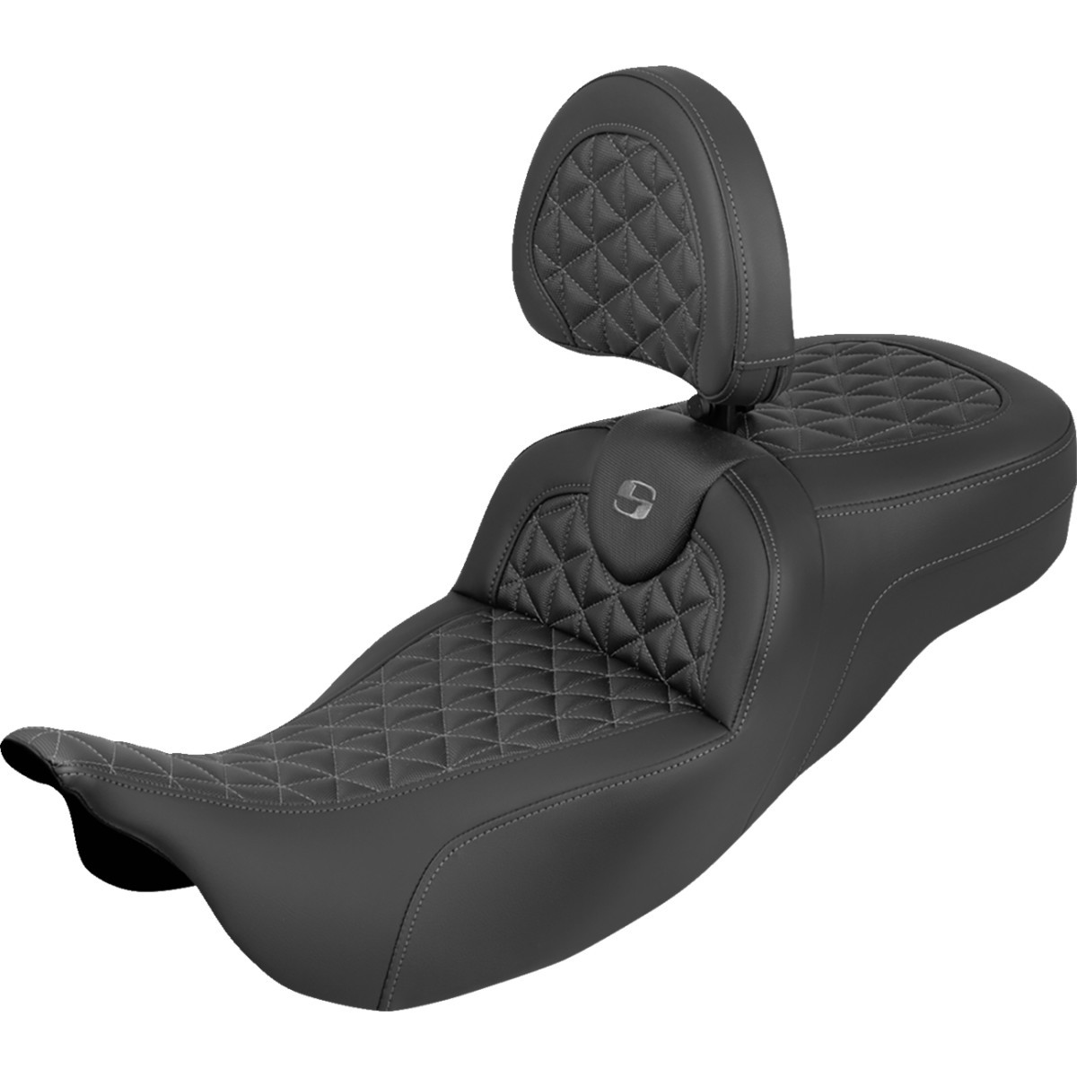 Saddlemen #808-07B-211B2 - RoadSofa™ Tri Gripper Seat - Extended Reach - Gray Stitch - w/ Backrest - FLH/FLT '08-'25