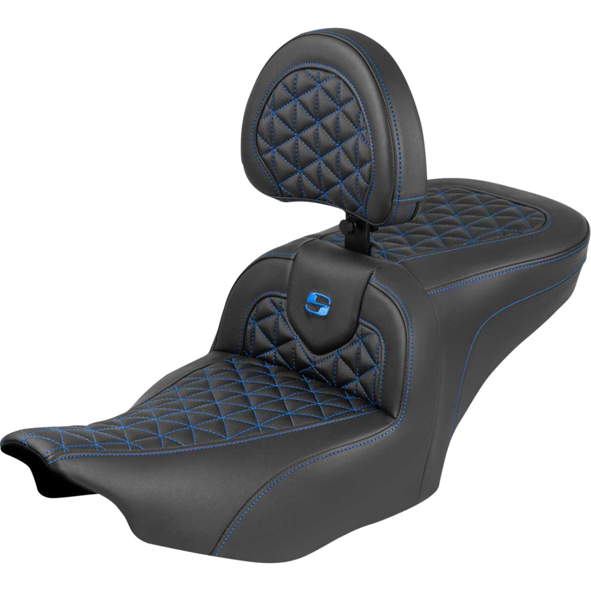 Saddlemen #823-07-210B1 - Roadsofa™ Seat - with Backrest - Blue Stitch - FLH/FLT '23-'25
