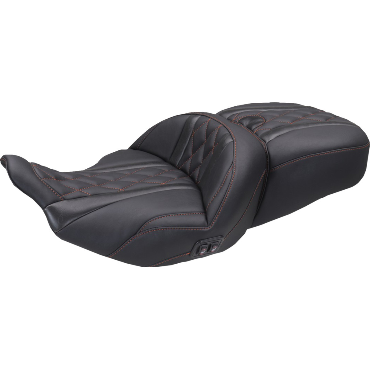 Mustang #89410AB - Heated Super Touring One Piece 2-Up Seat - Deluxe Diamond - American Beauty Stitch - FLT/FLH '23-'26